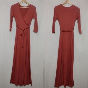 Mother Bee Maxi Dress 3/4 Sleeve Faux Wrap Front Maternity Dark Mauve Small S